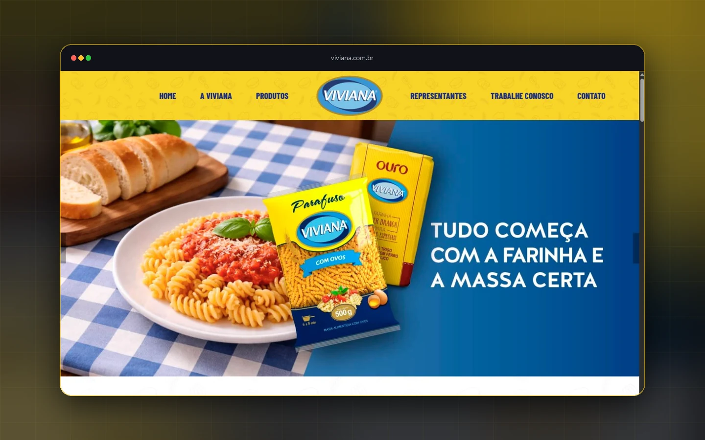 Página inicial da Viviana Alimentos com produtos de massas e farinhas em destaque